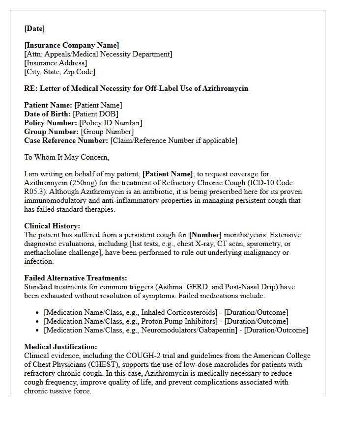 Letter of Medical Necessity for Off-Label Azithromycin for Refractory Chronic Cough