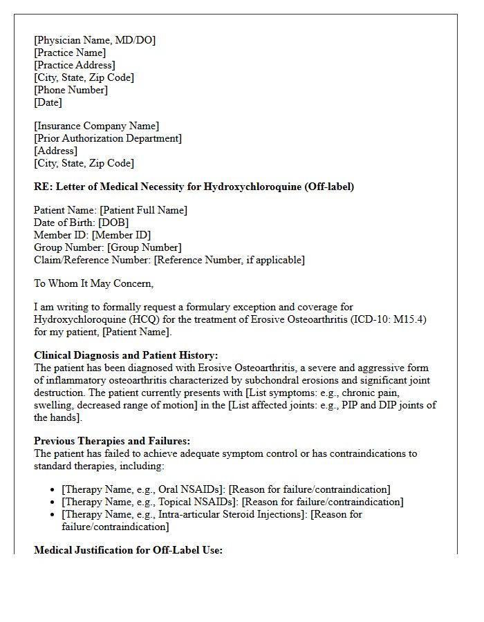 Letter of Medical Necessity for Off-Label Hydroxychloroquine for Erosive Osteoarthritis