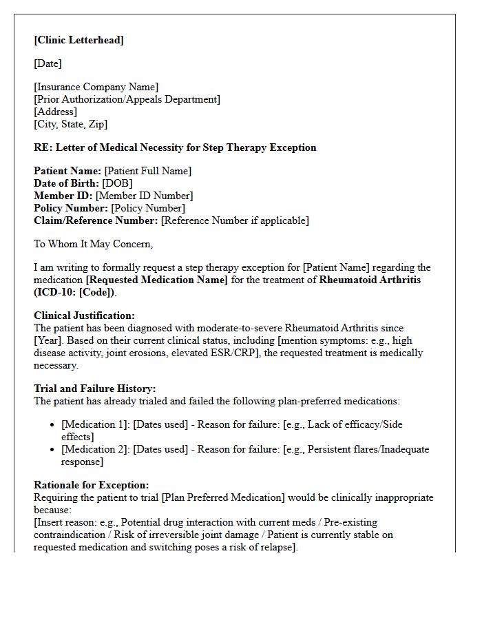 Rheumatology Clinic Letter of Medical Necessity for Rheumatoid Arthritis Step Therapy Exception