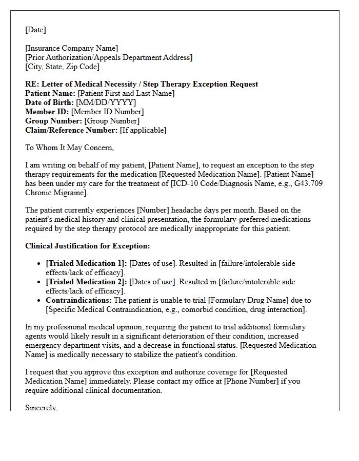 Neurology Clinic Letter of Medical Necessity for Migraine Medication Step Therapy Exception