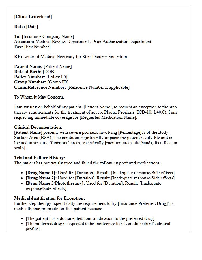 Dermatology Clinic Letter of Medical Necessity for Severe Psoriasis Step Therapy Exception