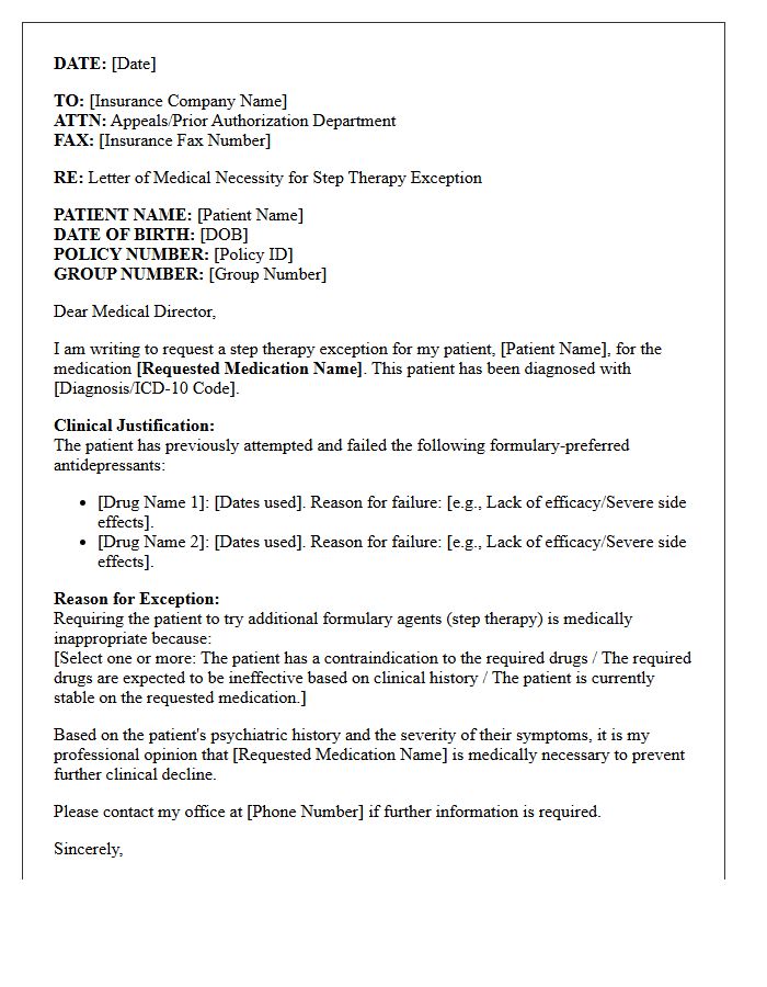 Psychiatry Clinic Letter of Medical Necessity for Antidepressant Step Therapy Exception