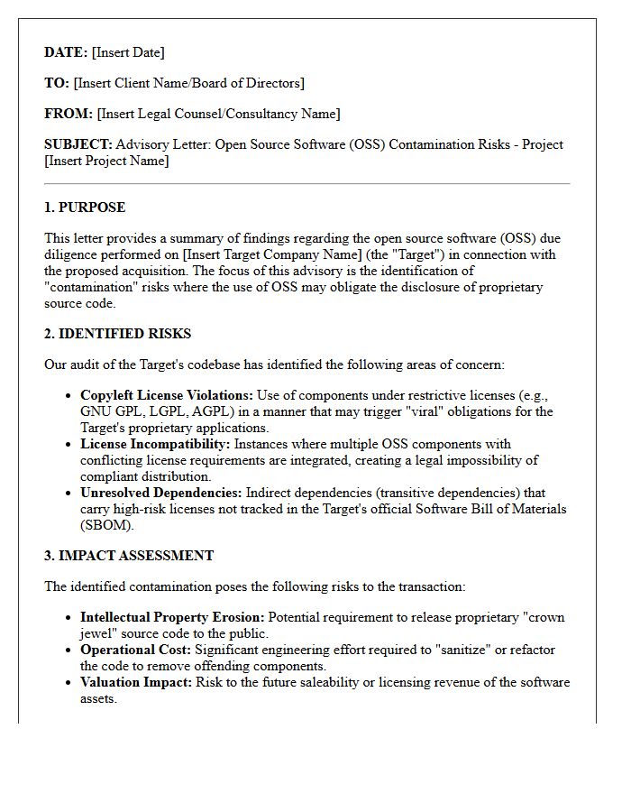 Mergers And Acquisitions Due Diligence Open Source Contamination Advisory Letter