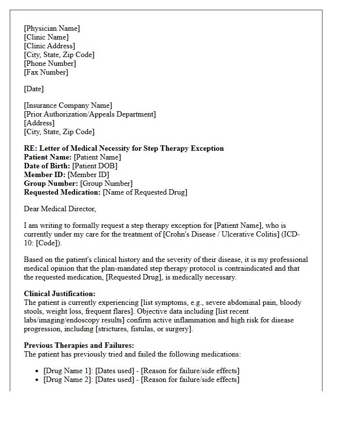 Gastroenterology Clinic Letter of Medical Necessity for Inflammatory Bowel Disease Step Therapy Exception