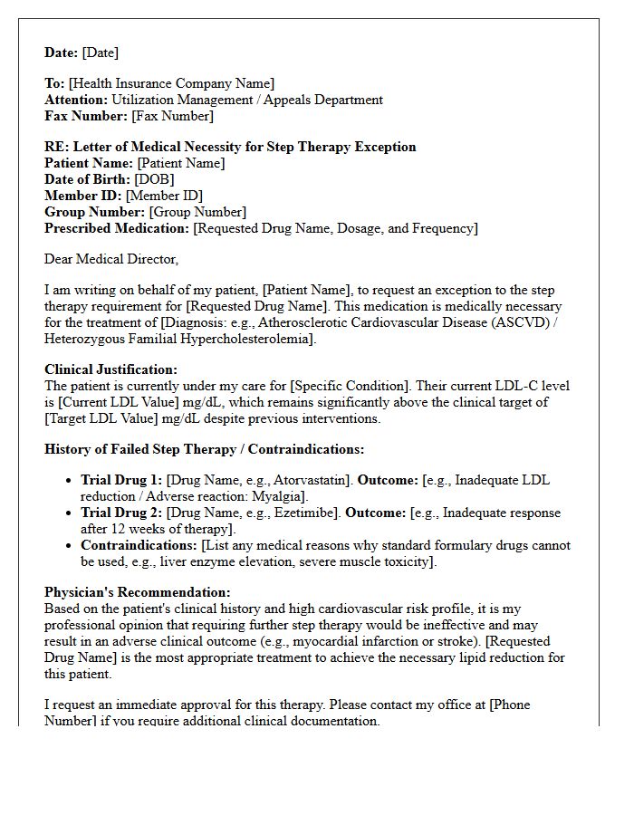 Cardiology Clinic Letter of Medical Necessity for Lipid Lowering Drug Step Therapy Exception