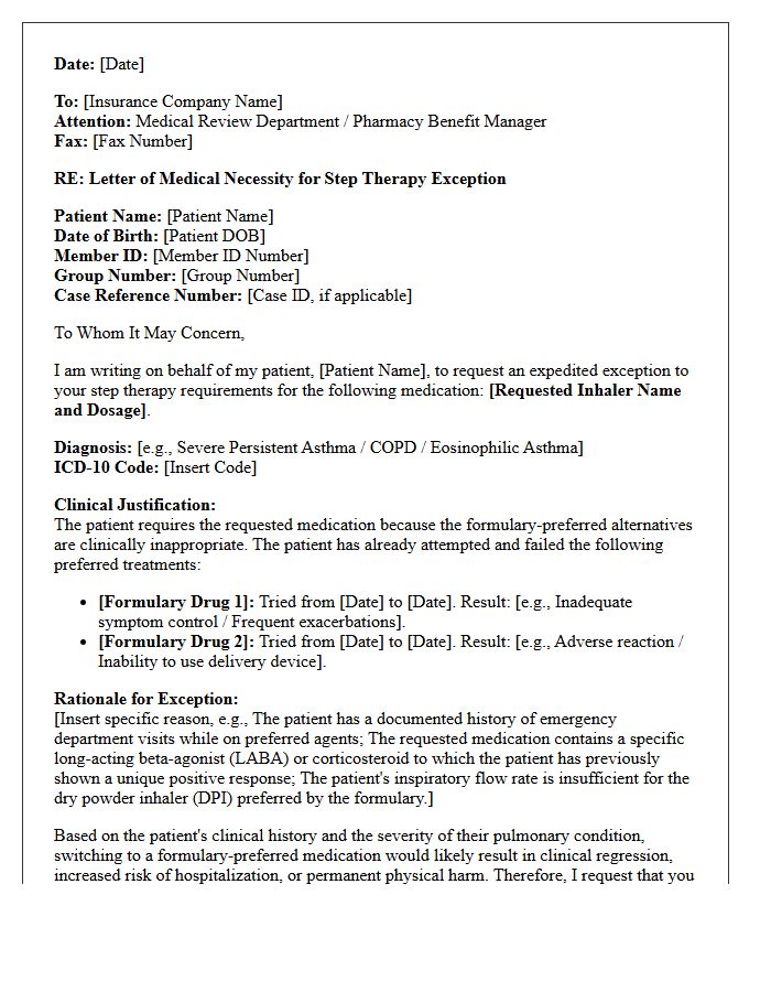 Pulmonology Clinic Letter of Medical Necessity for Inhaler Formula Step Therapy Exception
