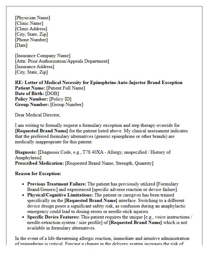 Allergy Clinic Letter of Medical Necessity for Auto-Injector Brand Step Therapy Exception