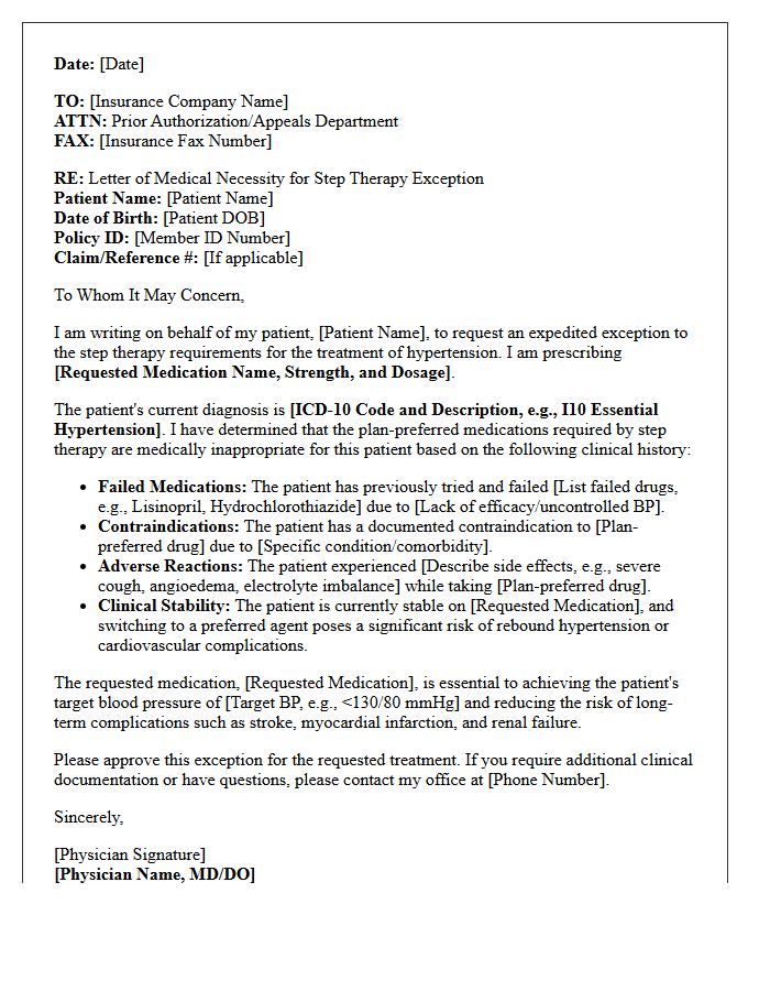 Primary Care Clinic Letter of Medical Necessity for Hypertension Treatment Step Therapy Exception