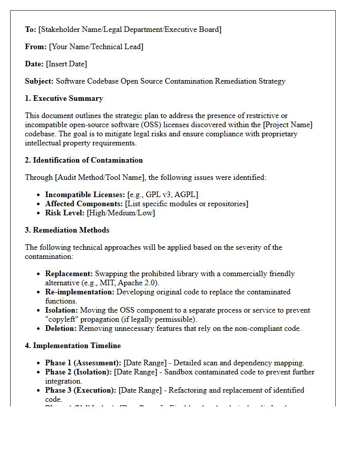 Software Codebase Open Source Contamination Remediation Strategy Letter