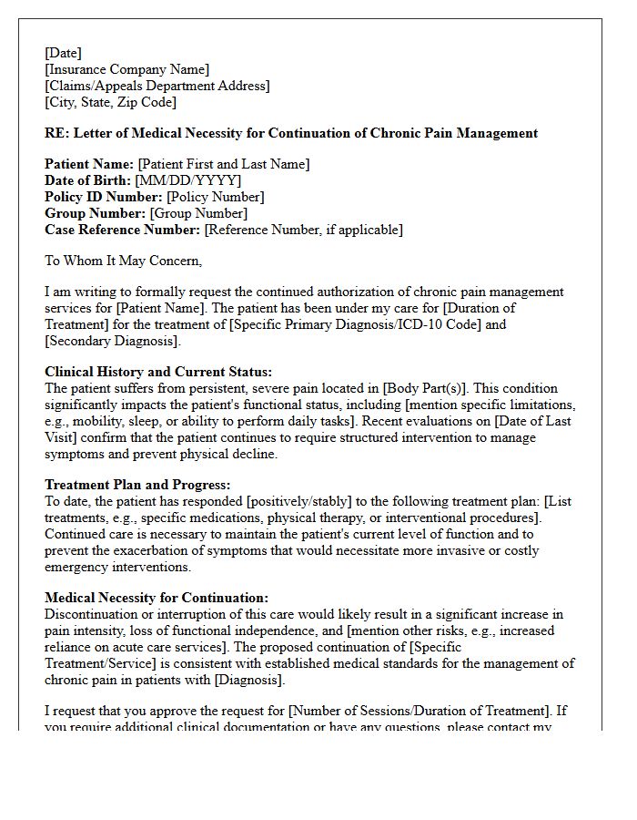 Letter of Medical Necessity for Continuation of Chronic Pain Management Care
