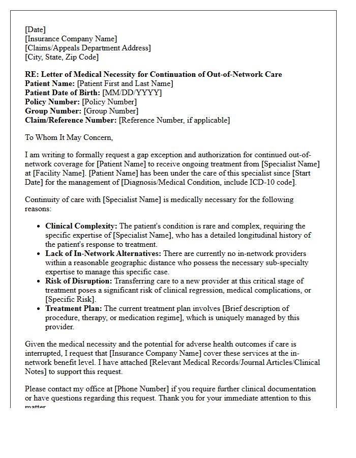Letter of Medical Necessity for Continuation of Out-of-Network Specialist Care