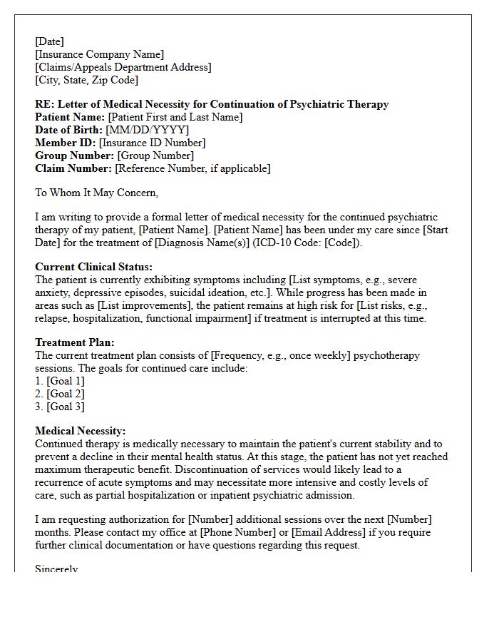 Letter of Medical Necessity for Continuation of Psychiatric Therapy Care