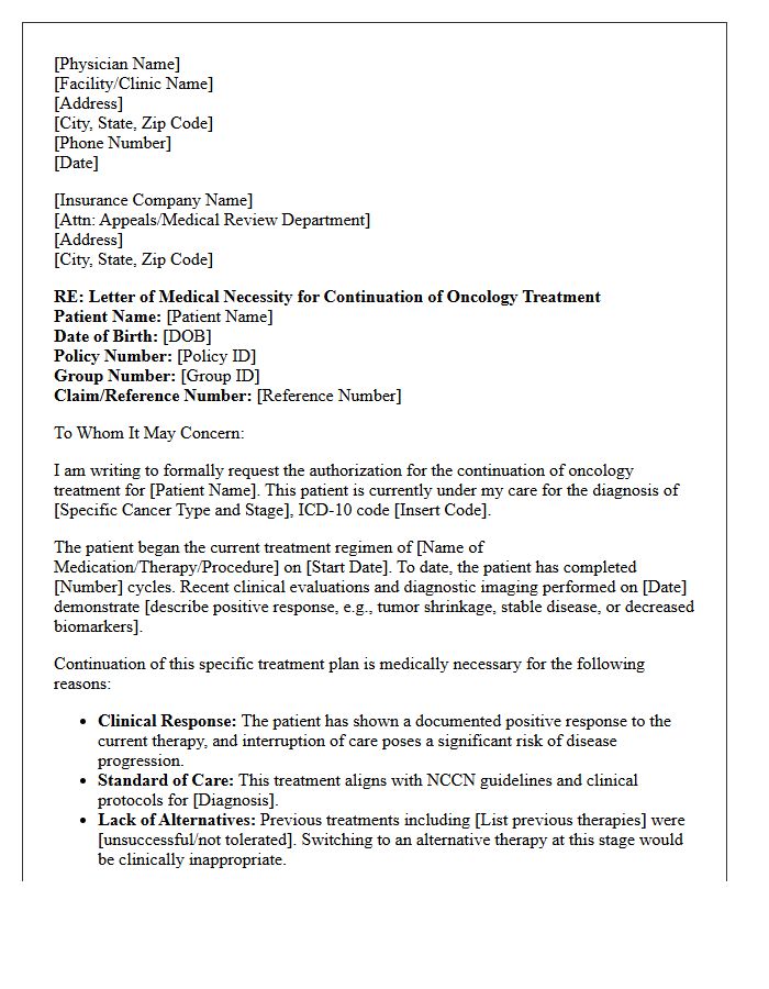 Letter of Medical Necessity for Continuation of Oncology Treatment Care