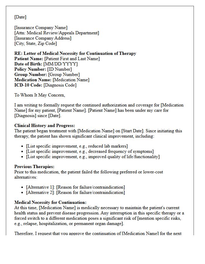 Letter of Medical Necessity for Continuation of High-Cost Prescription Medication Care