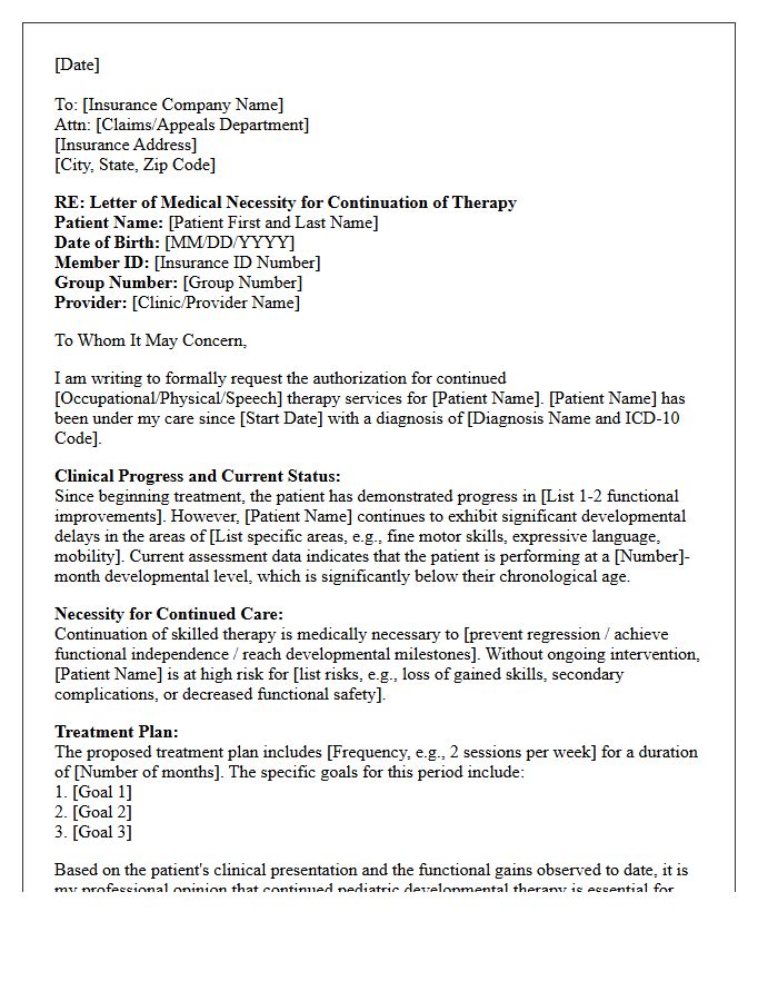 Letter of Medical Necessity for Continuation of Pediatric Developmental Therapy Care