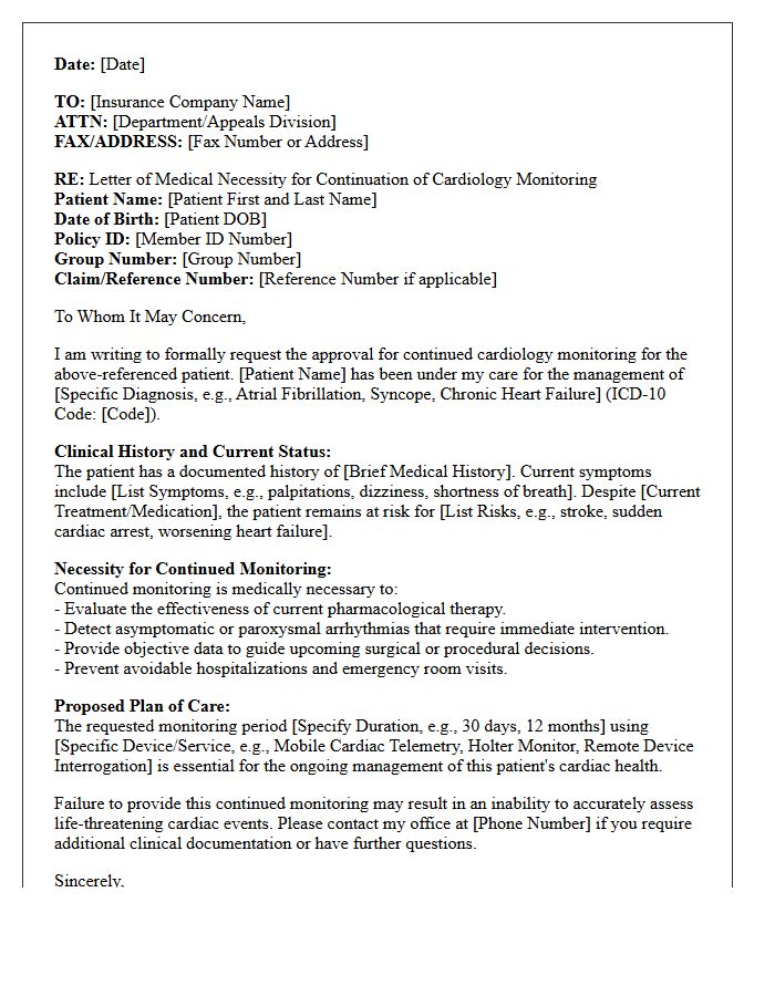 Letter of Medical Necessity for Continuation of Cardiology Monitoring Care