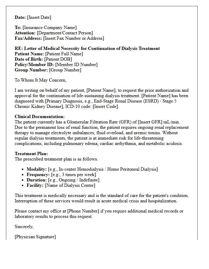 Letter of Medical Necessity for Continuation of Dialysis Treatment Care