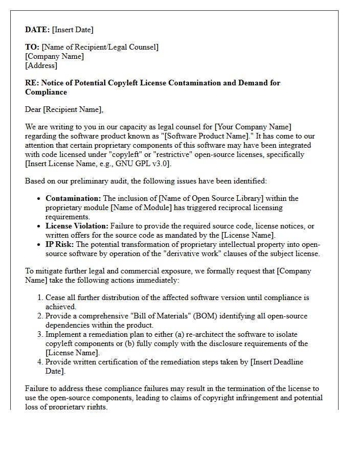Copyleft License Contamination And Compliance Counsel Letter