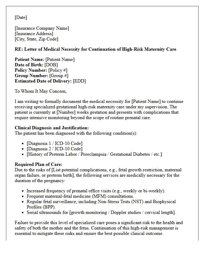 Letter of Medical Necessity for Continuation of Gestational High-Risk Maternity Care