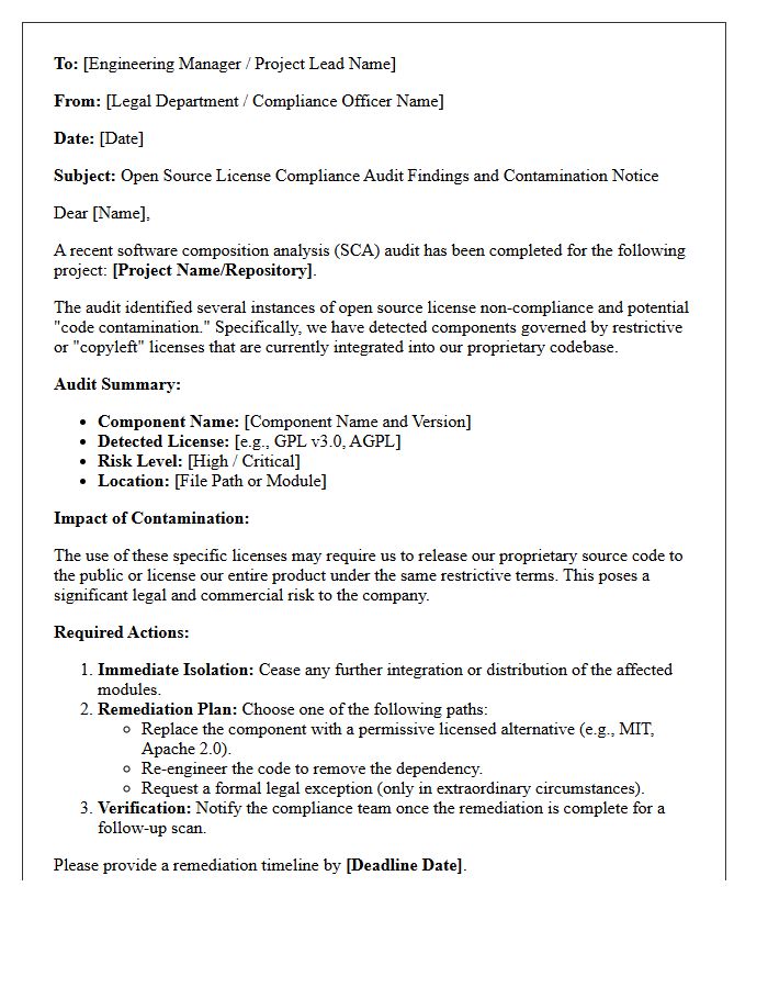 Open Source License Compliance Audit Findings And Contamination Letter