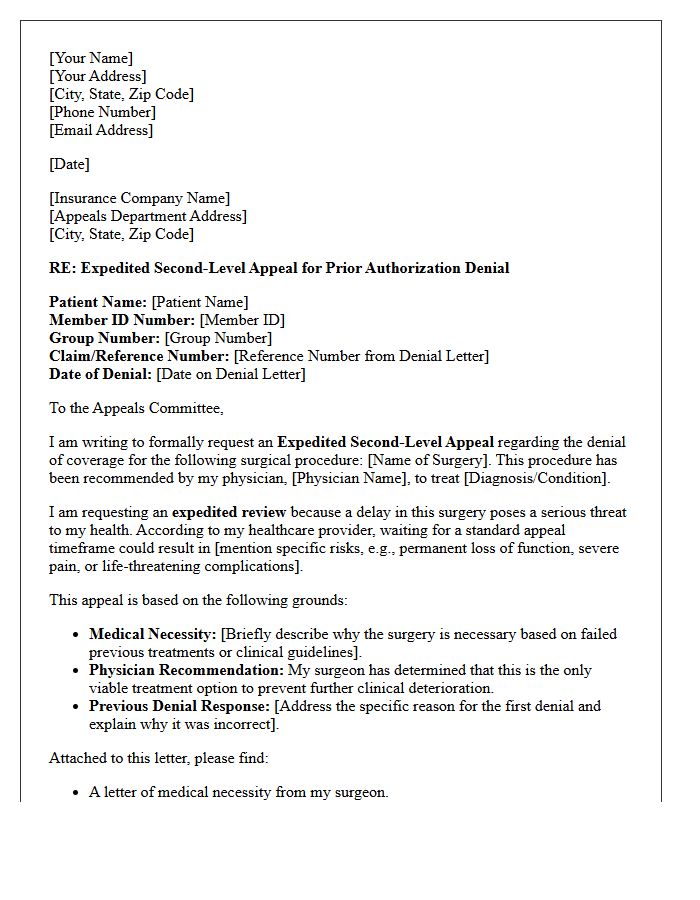 Expedited Second-Level Appeal Letter for Denied Surgical Prior Authorization