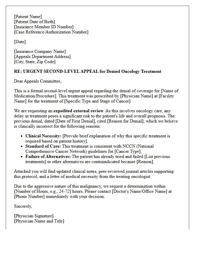 Urgent Second-Level Appeal Letter for Denied Oncology Treatment Prior Authorization