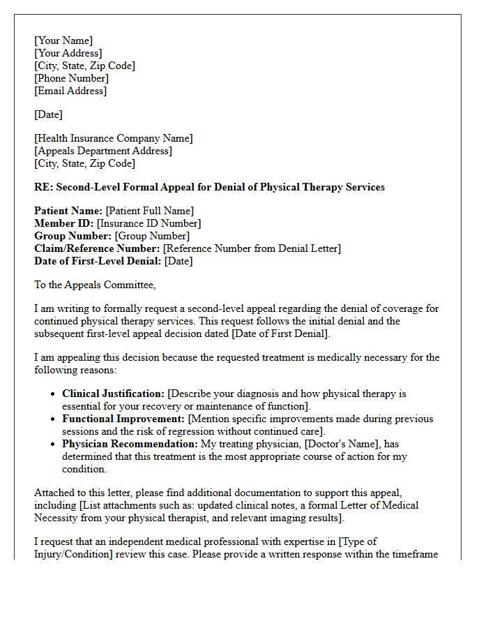 Second-Level Appeal Letter for Denied Physical Therapy Prior Authorization