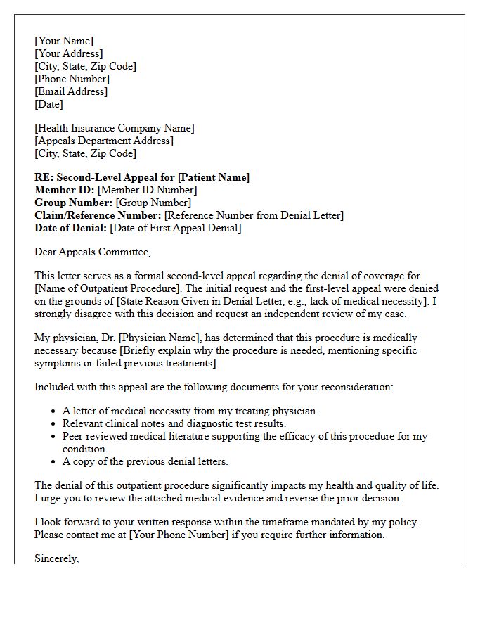 Second-Level Appeal Letter for Denied Outpatient Procedure Prior Authorization