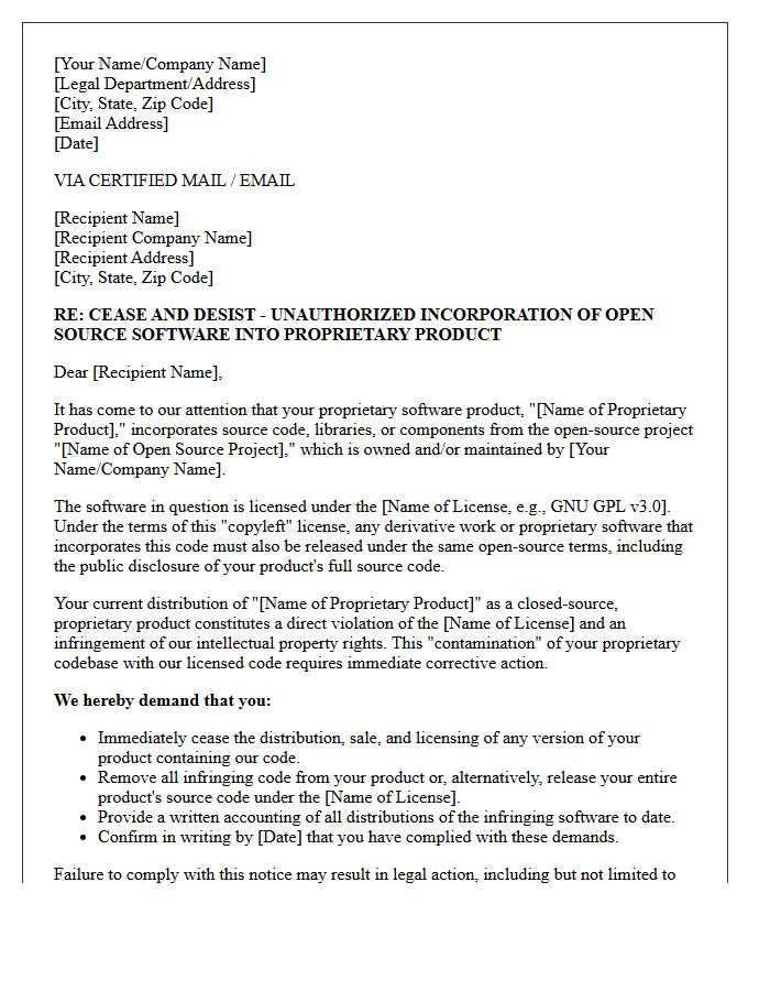 Proprietary Software Open Source Contamination Cease And Desist Letter
