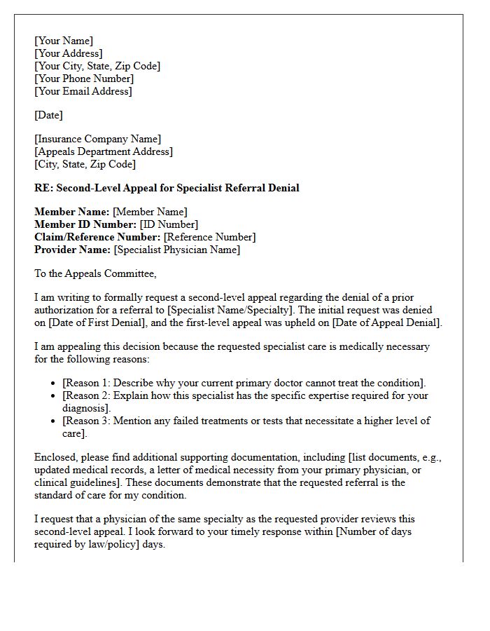Second-Level Appeal Letter for Denied Specialist Referral Prior Authorization