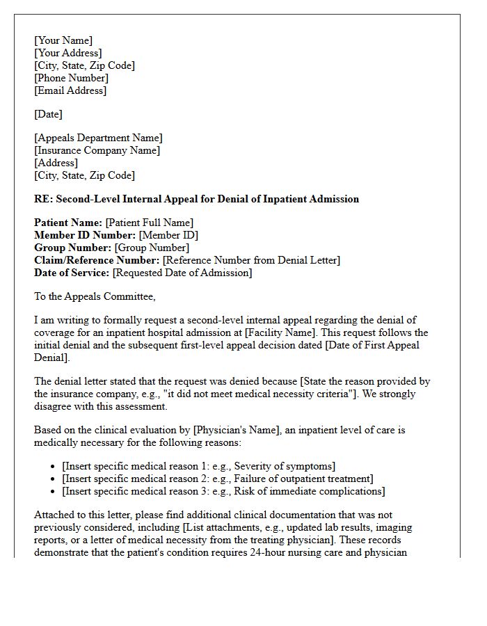 Second-Level Appeal Letter for Denied Inpatient Admission Prior Authorization