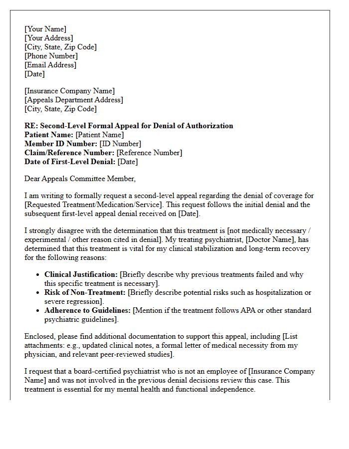 Second-Level Appeal Letter for Denied Psychiatric Treatment Prior Authorization