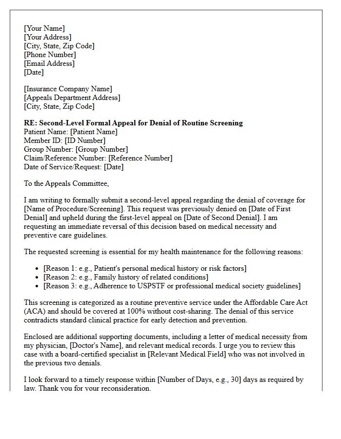 Second-Level Appeal Letter for Denied Routine Screening Prior Authorization