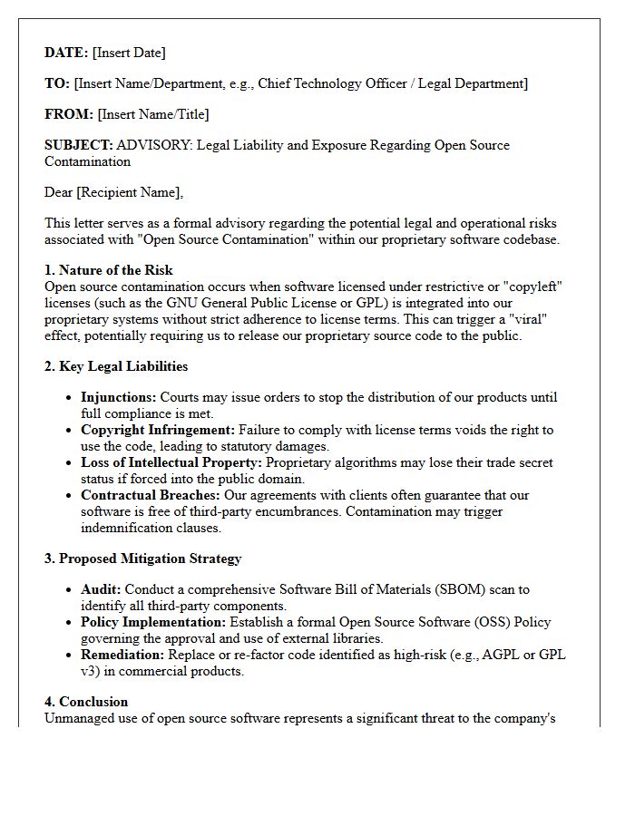 Open Source Contamination Legal Liability And Exposure Advisory Letter