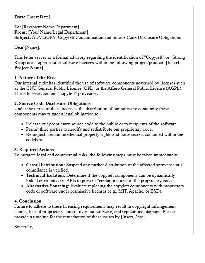 Copyleft Contamination And Source Code Disclosure Obligation Advisory Letter