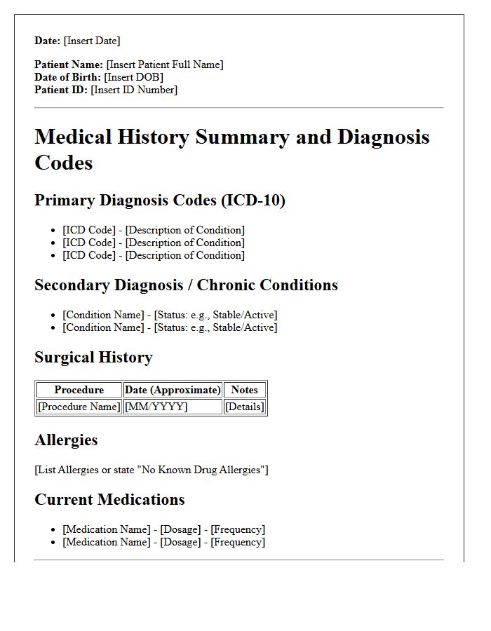 Primary Diagnosis Codes and Medical History Summary
