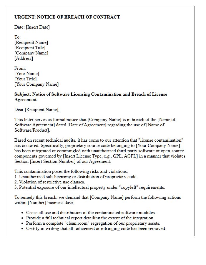 Software Licensing Contamination Breach Of Contract Notice Letter