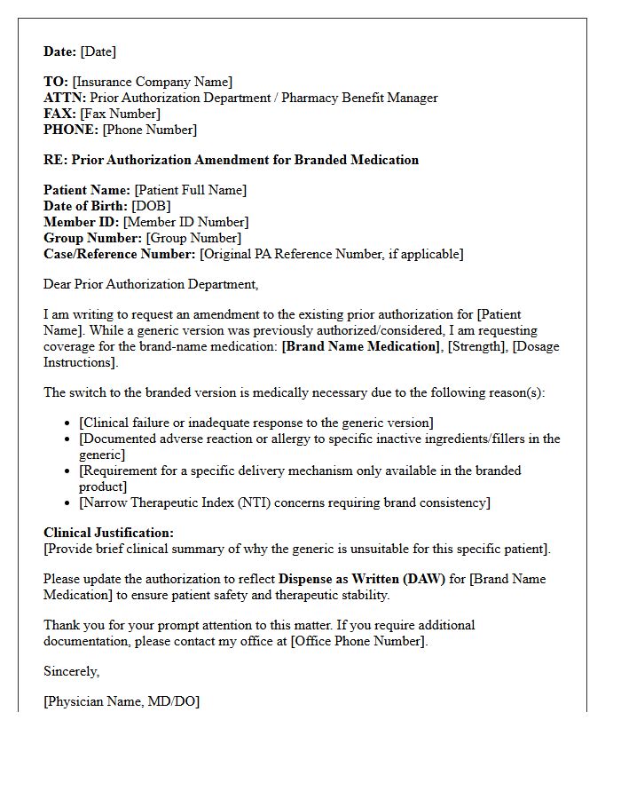 Prior Authorization Amendment Letter for Switch to Branded Prescription Medication