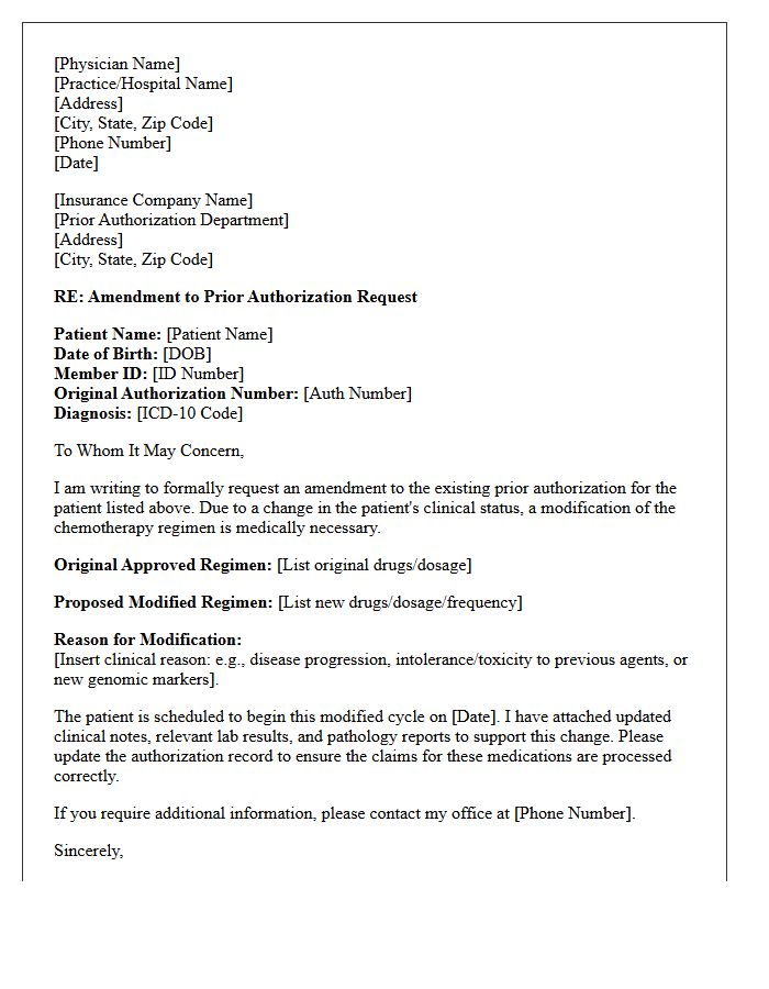 Prior Authorization Amendment Letter for Modification of Chemotherapy Regimen