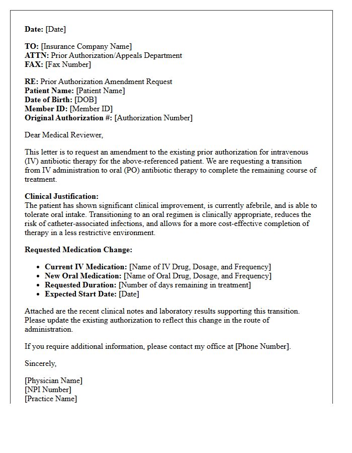Prior Authorization Amendment Letter for Transition from Intravenous to Oral Antibiotics