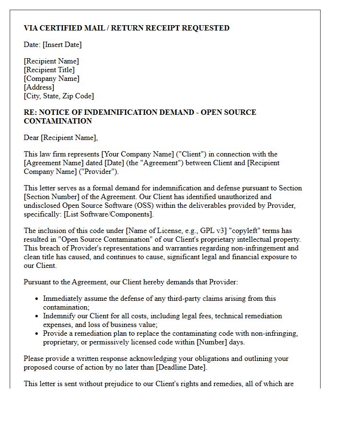 Open Source Contamination Indemnification Demand Counsel Letter