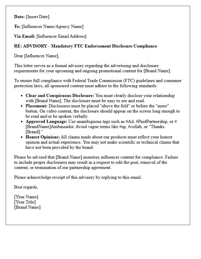Brand Influencer Marketing Endorsement Compliance Advisory Letter