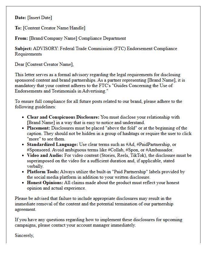 Content Creator Influencer Marketing Endorsement Compliance Advisory Letter