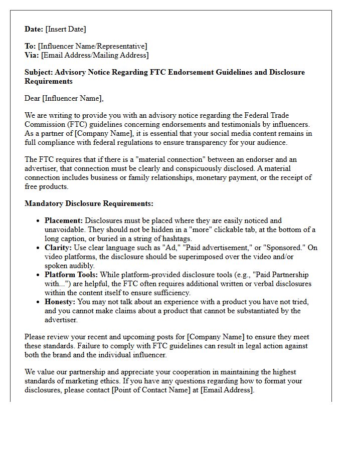 Federal Trade Commission Guidelines Influencer Marketing Endorsement Compliance Advisory Letter