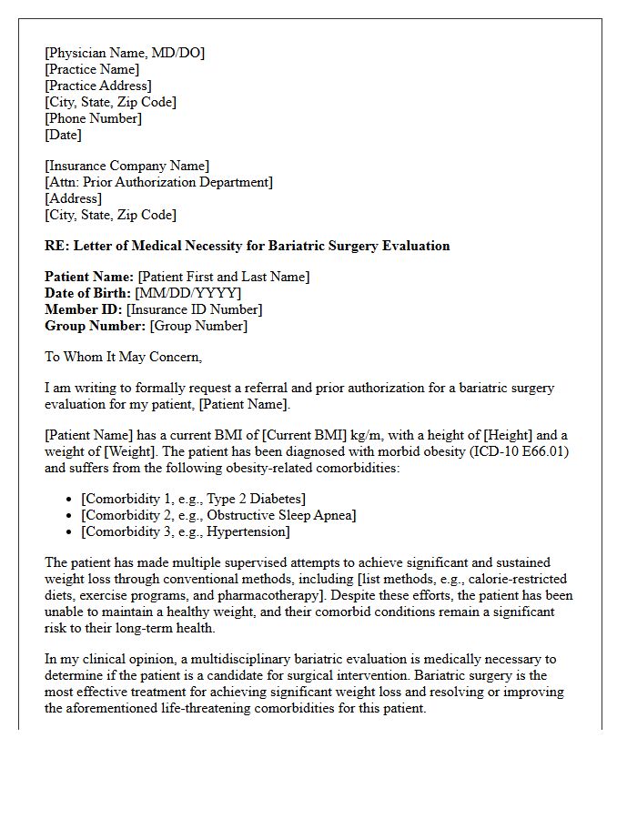 Letter of Medical Necessity for Bariatric Surgery Evaluation