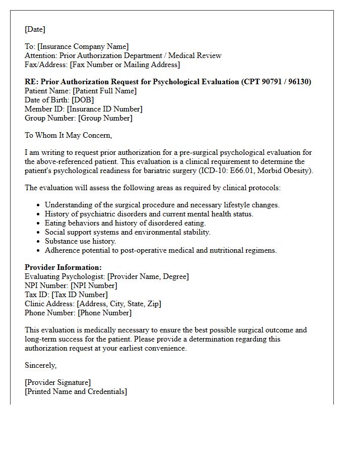 Bariatric Surgery Psychological Evaluation Prior Authorization Letter
