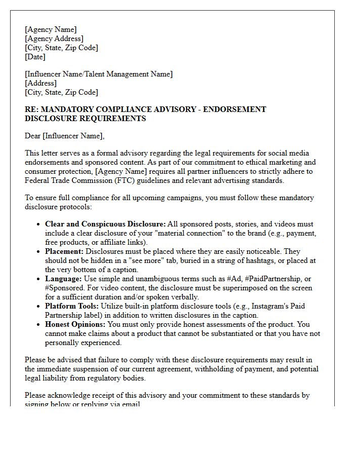 Marketing Agency Influencer Marketing Endorsement Compliance Advisory Letter