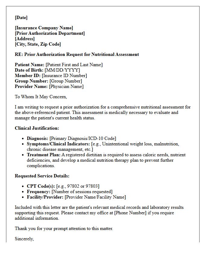 Nutritional Assessment Prior Authorization Request Letter
