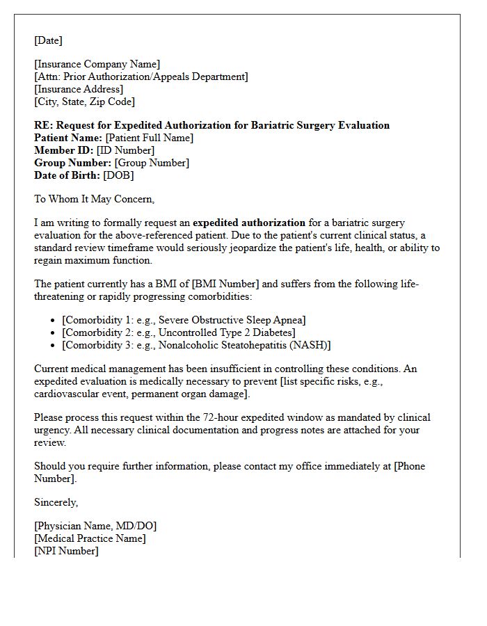 Letter for Expedited Bariatric Surgery Evaluation Authorization