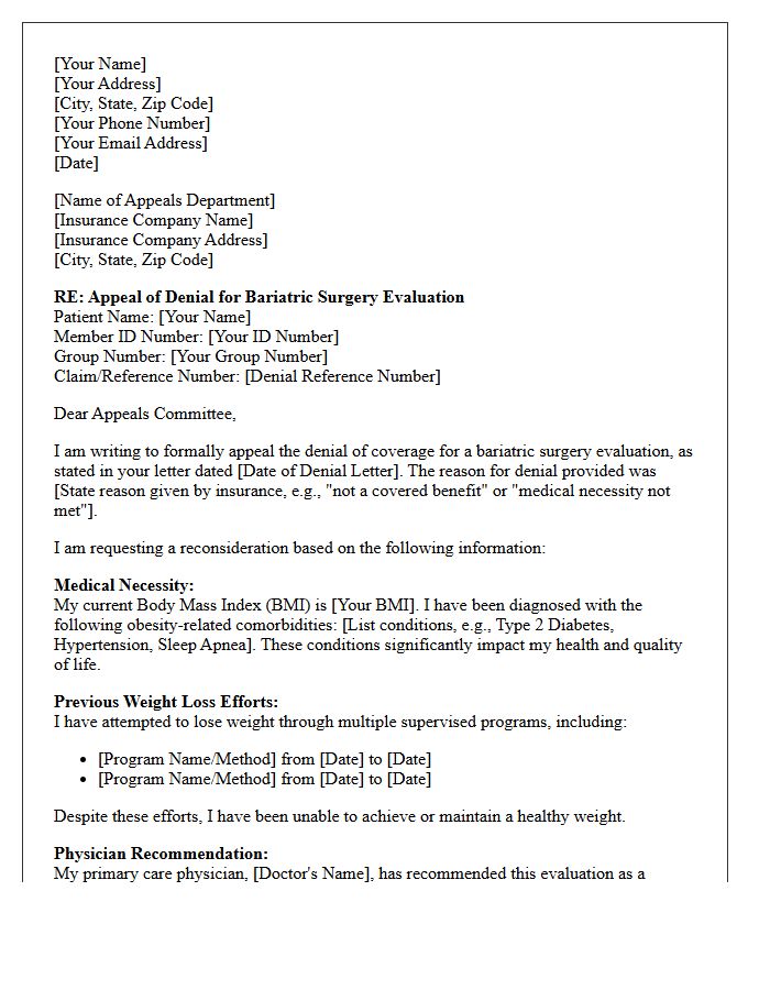 Appeal Letter for Denied Bariatric Surgery Evaluation